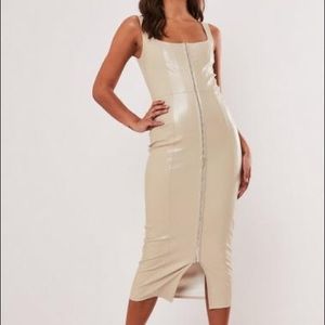 Missguided Cream Faux Leather Bodycon Midi Dress